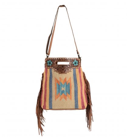 Klassy Cowgirl 16" x 15" Handtooled Leather Crossbody bag With Handblocked Rug and teal flower accents on top